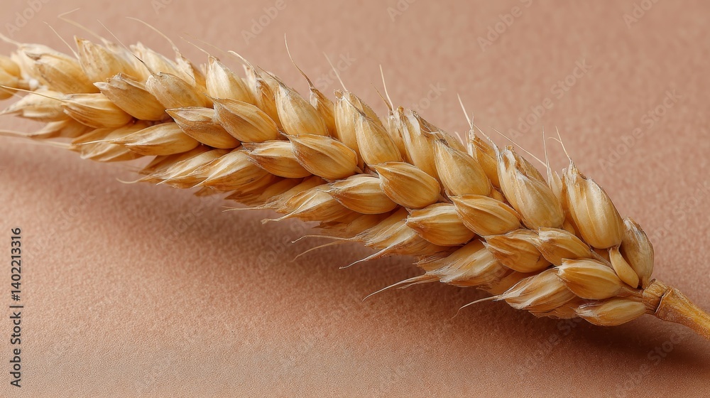 Poster Close-up of a golden wheat stalk placed diagonally on a warm beige surface, showcasing fine details of its kernels and textures in sharp focus