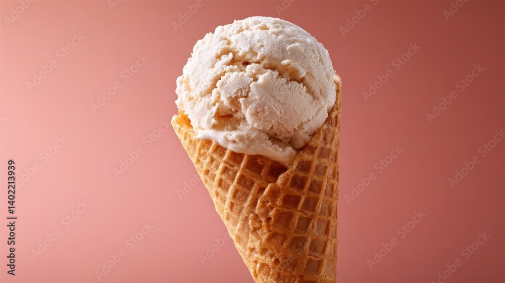 Poster Close-up of a classic ice cream cone filled with a single scoop of textured vanilla, highlighted by soft side lighting on a pastel backdrop