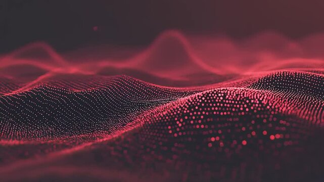 Abstract digital wave pattern with red dots on dark background.  A dynamic, undulating surface of connected points creating a sense of movement and technology