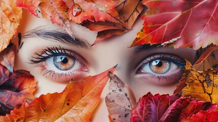 A Captivating Close-Up of a Woman's Eyes Surrounded by Vibrant Autumn Leaves, Showcasing the Beauty of Fall Colors, Natural Textures, and Emotional Depth Through a Stunning Artistic Composition 