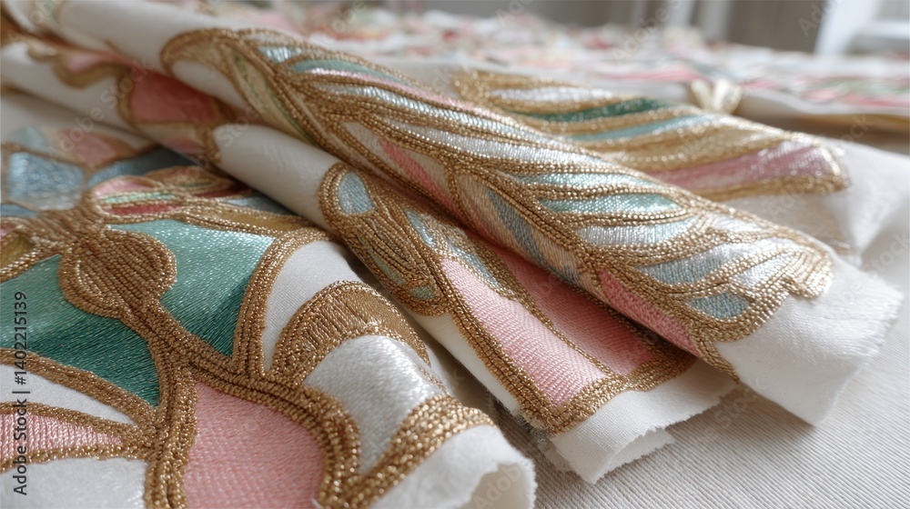 Leinwandbilder Close-up view reveals intricate patterns of stitched textiles with shiny threads, highlighting the artisanal craftsmanship and dynamic movement of the fabric