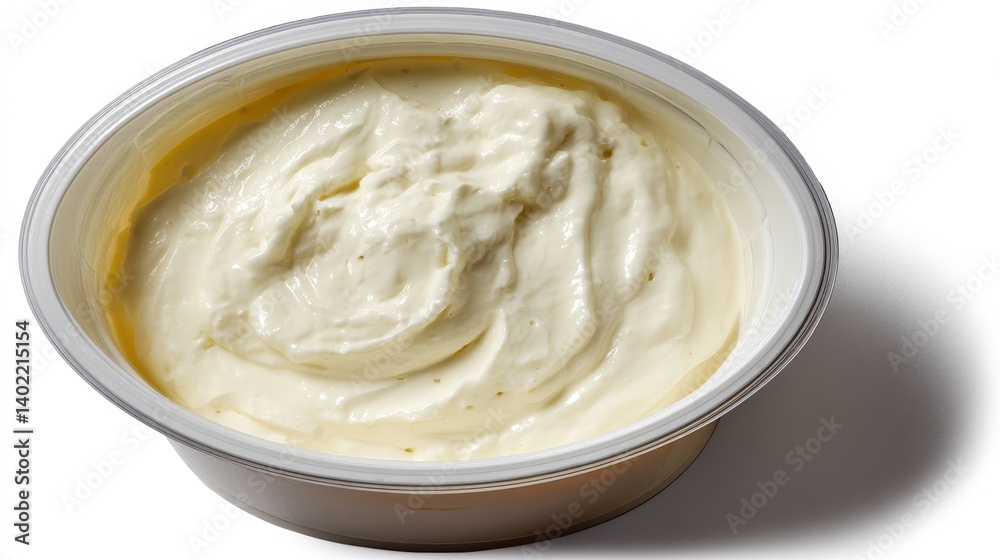 Poster natural white vanilla yogurt creates a thick, smooth swirl in a round container, highlighting its fr