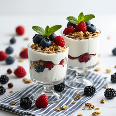 Glasses of Creamy Yogurt Topped with Fruits