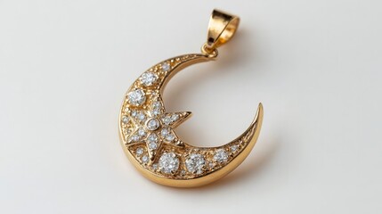A gold pendant featuring a crescent moon cradling a diamond-studded star, exuding a serene cosmic charm, white background 