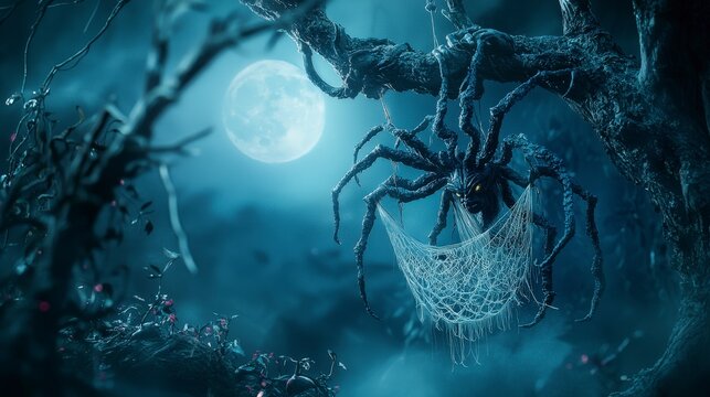 Dramatic scene of anansi hanging from a high tree under the full moon fantasy art nighttime enchanted forest