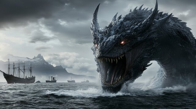 Jrmungandr emerges dramatically from the ocean mythical sea creature coastal waters epic fantasy scene