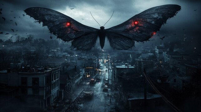 Mothman hovering over a darkened cityscape mysterious atmosphere urban setting spooky concept