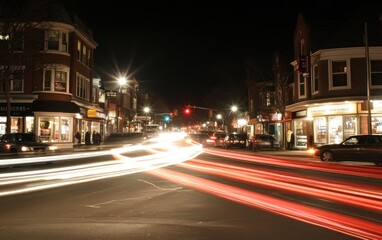 Night City Street with Light Trails and Brick