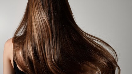 Fototapeta premium Beautiful model girl with Brown hair strand,silky healthy chestnut wavy hair strand,hair wavy ribbon, with smooth,Keratin straightening,Treatment,straight long hair,procedures,Smooth hairstyle.