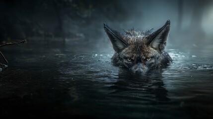 Dramatic scene of a nix submerged in a dark river mysterious water environment nature photography night view