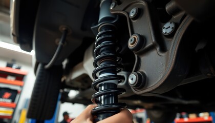 Obraz premium Closeup of a cars suspension coil, a crucial component for a smooth and safe ride. Expert mechanics perform maintenance.
