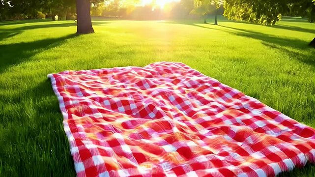 Sunny Park Picnic: Red Checkered Blanket on Green Grass