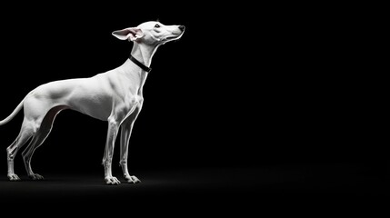 Fototapeta premium Elegant white dog standing against a black background, looking up.