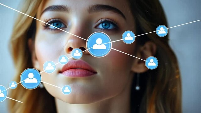 Woman's face overlaid with a digital social network - Powered by Adobe