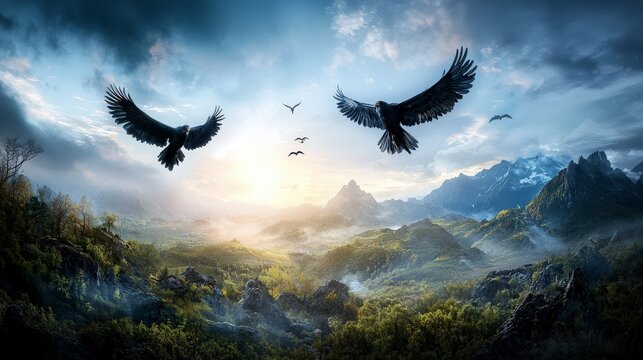Dramatic soaring of huginn and muninn over majestic mountains nature scene mystical landscape aerial view mythology