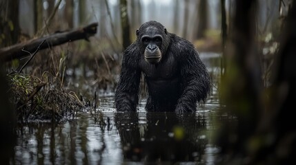 Dramatic encounter with skunk ape in swamp nature scene mysterious environment low angle view