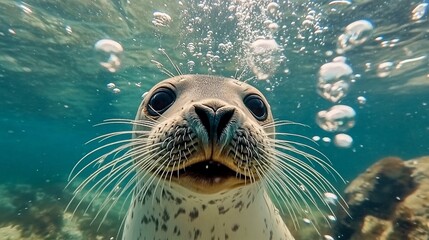 Curious seal underwater, ocean bubbles, rocky seabed, wildlife documentary