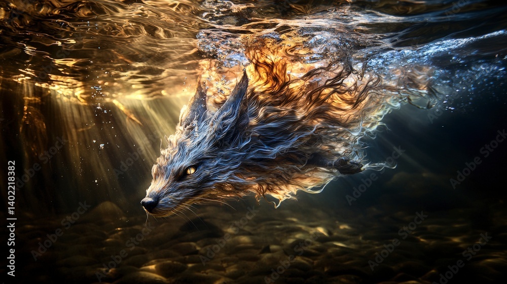 Poster nix swimming through depths underwater scene fantasy art ethereal environment dynamic viewpoint
