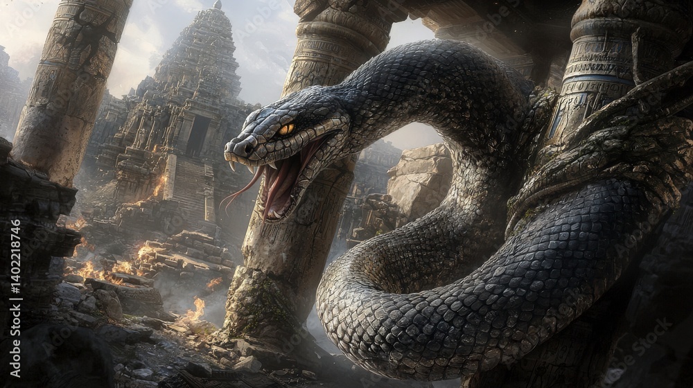 Poster Dynamic makara coiled around ancient temple ruins mythical scene dramatic landscape captivating structure