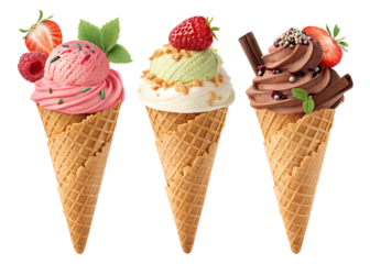 three ice cream cones with different flavors isolated on white background, PNG