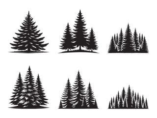 Horizontal Pine tree forest set silhouette vector illustration isolated on white background