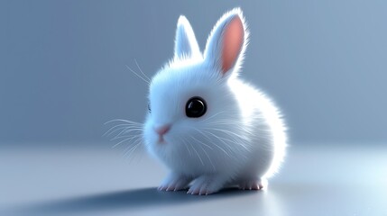 An Adorably Fluffy White Bunny with Big Black Eyes Sitting on a Smooth Surface in Soft Lighting, Showcasing Its Cuteness, Innocence, and Delicate Fur in a Minimalist and Serene Setting