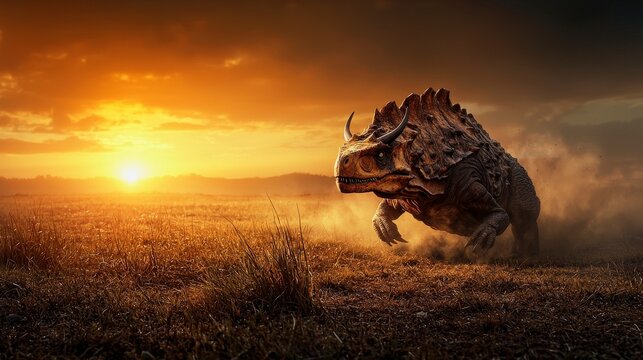 Dynamic action of brontotherium running in grassland at sunset nature photography dramatic environment low angle