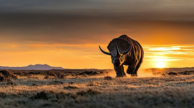 Brontotherium galloping at sunset in a vast landscape nature photography dramatic viewpoint