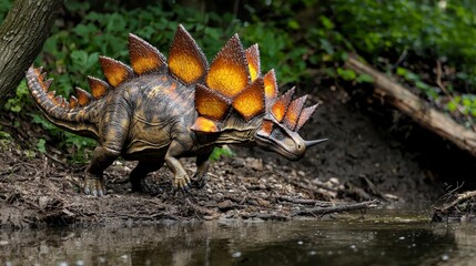 Stegosaurus walking along a riverbank nature scene wildlife photography lush environment side view dinosaurs in motion