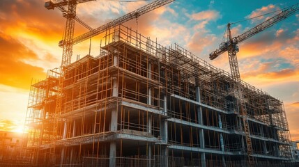 Construction site of large residential commercial building, some floors already built. Metal structure with evening sky sunset background. Generative AI.