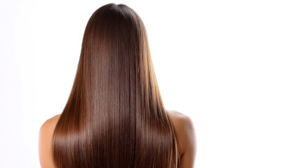 Naklejka premium Beautiful model girl with Brown hair strand,silky healthy chestnut wavy hair strand,hair wavy ribbon, with smooth,Keratin straightening,Treatment,straight long hair,procedures,Smooth hairstyle.