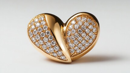 Naklejka premium A heart-shaped gold pendant split into two parts, one half polished and the other encrusted with diamonds, glowing vividly, white background 