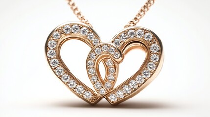A heart-shaped gold pendant split into two parts, one half polished and the other encrusted with diamonds, glowing vividly, white background 
