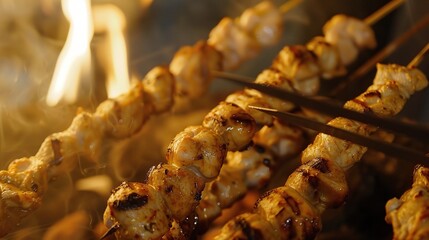 An inviting plate of souvlaki is attractively presented. The souvlaki, a classic Greek street food, features skewers of tender, marinated meat, typically pork or chicken