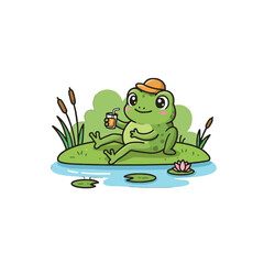Obraz premium Cute cartoon frog enjoying a drink while relaxing on a lily pad in the pond