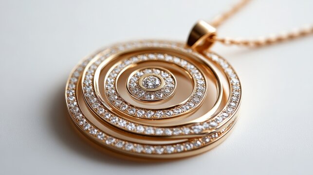 A layered gold pendant with concentric circles, the innermost adorned with diamonds, glowing softly, neutral white background 