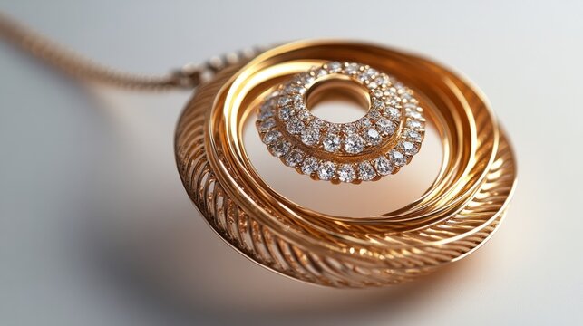 A layered gold pendant with concentric circles, the innermost adorned with diamonds, glowing softly, neutral white background 