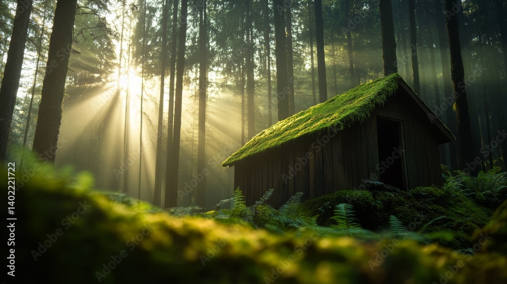 Aufkleber a small shed covered in moss is surrounded by lush greenery in a forest. sunlight softly filters thr