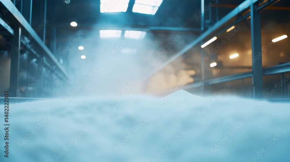 Poster inside a factory, flour machines rotate, releasing a fine mist that fills the air, showcasing the sc