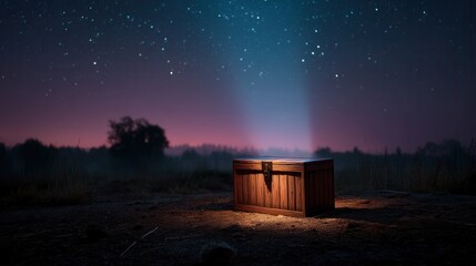 Mysterious glowing wooden chest under starry night sky