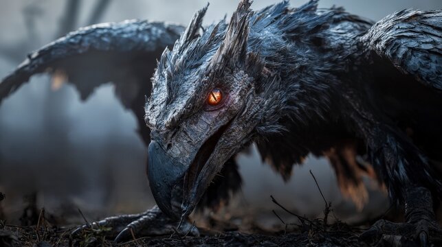 Majestic grud closeup massive beak and sharp talons mystical forest wildlife photography dramatic atmosphere