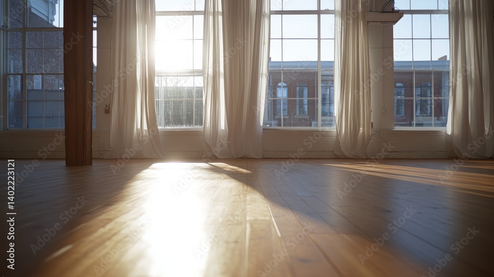Poster Soft sunlight filters through gentle curtains, casting luminous patterns on the warm wooden floor, creating a serene and inviting ambiance in the room