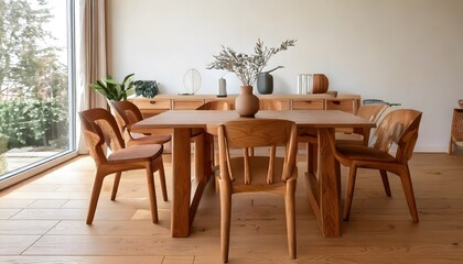 Obraz premium A modern wood dinning furniture set minimalist interior chairs.