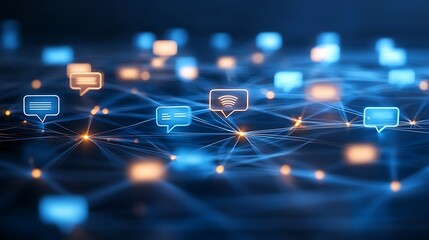 Abstract digital communication network with glowing chat icons and interconnected lines in a dark background