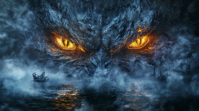Fierce taniwha eyes glowing in misty waters fantasy artwork dark environment closeup view mythical concept