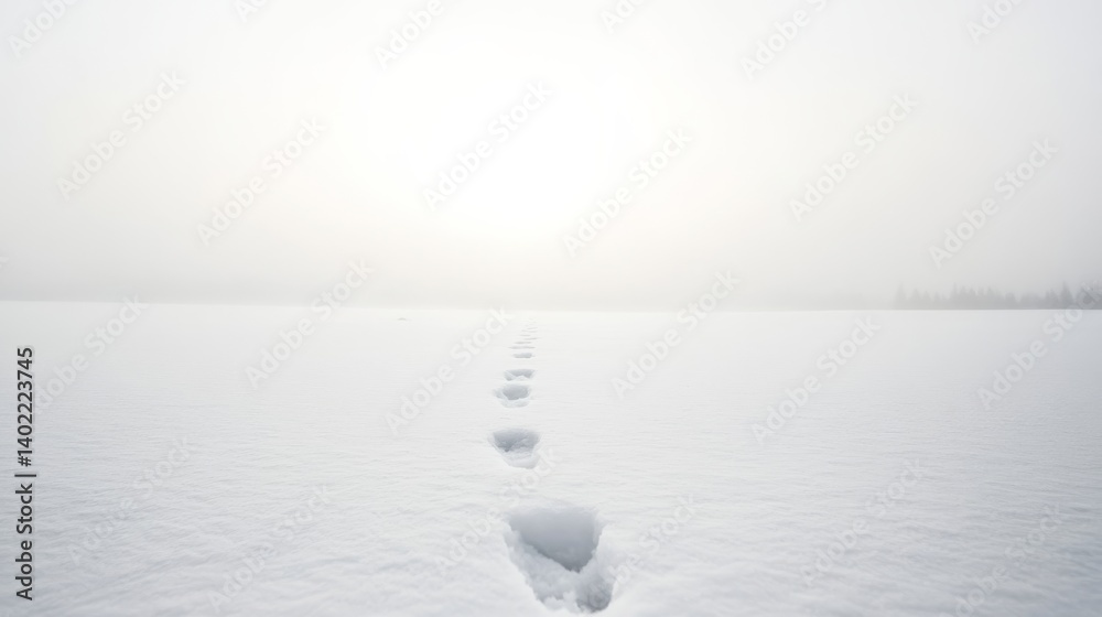 Poster an untouched snowy field extends endlessly, marked only by fading footprints leading to the horizon 