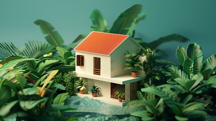 Tropical island paradise with a cozy orange house surrounded by lush green palm trees, clear blue skies, and serene ocean waters &mdash; an idyllic escape into nature and peaceful island living