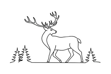 Minimalist Deer Silhouette With Trees Line Art Illustration On White Background