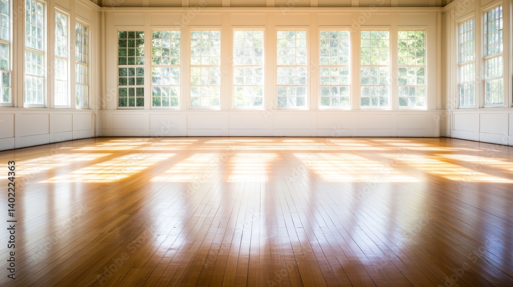 Leinwandbilder Sunlight streams through tall windows in a minimalist interior, creating geometric patterns on a white wall and a polished wooden floor