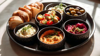 Artisan Middle Eastern Mezze Platter Displaying a Variety of Dips and Bread